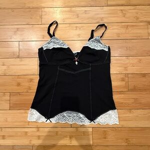 NWT Vive Maria vintage black and white lace tank top with red rose and cross